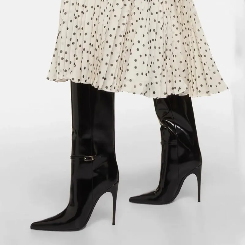 Pointed Toe 4'' Stiletto High Heel Knee High Bukle Boots