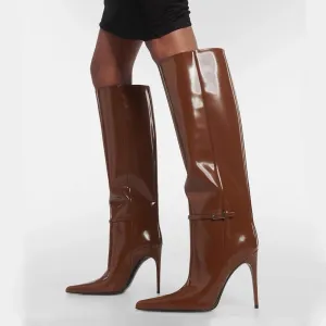 Pointed Toe 4'' Stiletto High Heel Knee High Bukle Boots