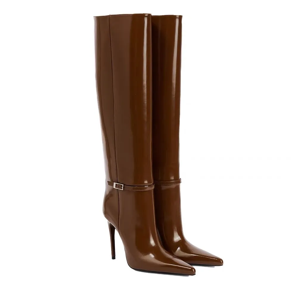 Pointed Toe 4'' Stiletto High Heel Knee High Bukle Boots