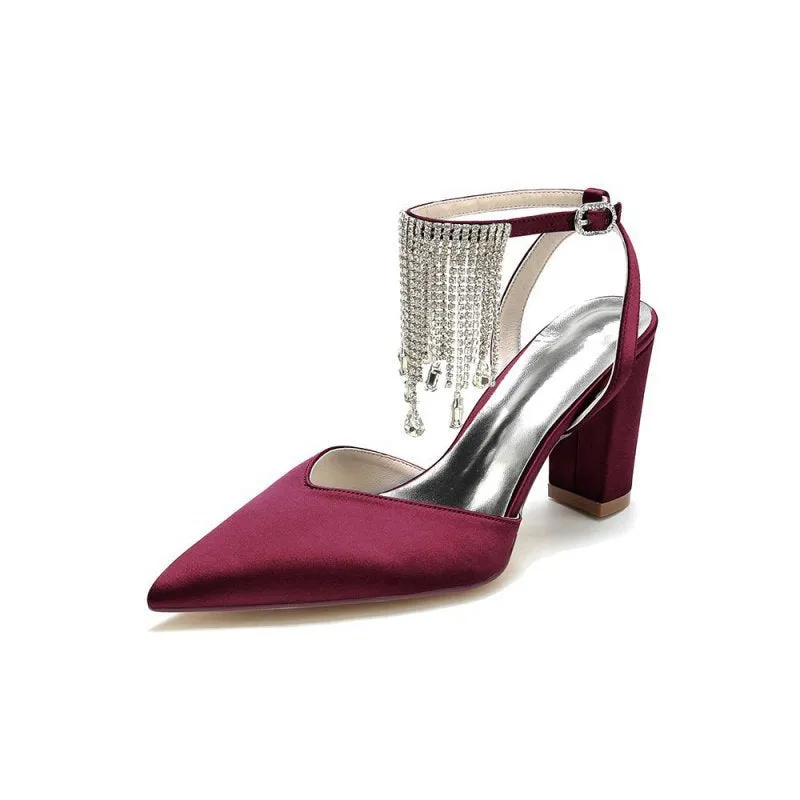 Pointed Toe Beading Tassel Satin Chunky Heels