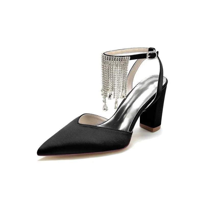 Pointed Toe Beading Tassel Satin Chunky Heels