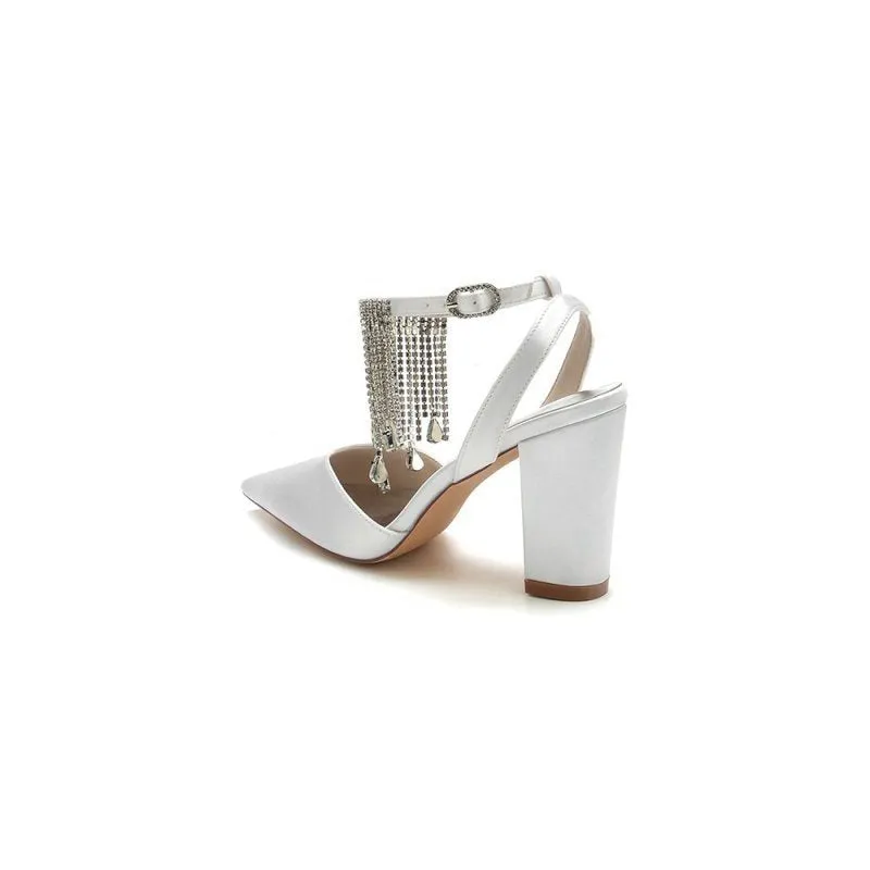 Pointed Toe Beading Tassel Satin Chunky Heels