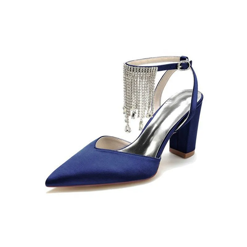 Pointed Toe Beading Tassel Satin Chunky Heels