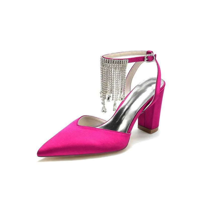 Pointed Toe Beading Tassel Satin Chunky Heels