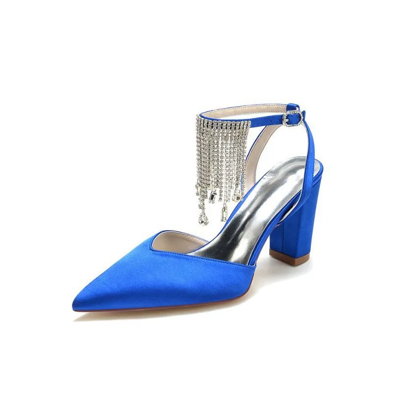 Pointed Toe Beading Tassel Satin Chunky Heels