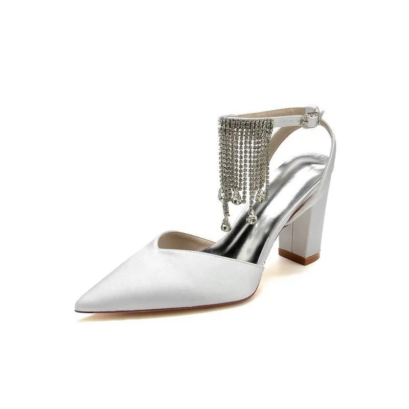 Pointed Toe Beading Tassel Satin Chunky Heels