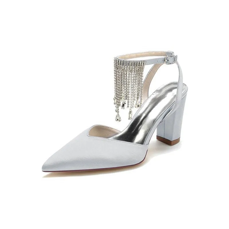 Pointed Toe Beading Tassel Satin Chunky Heels