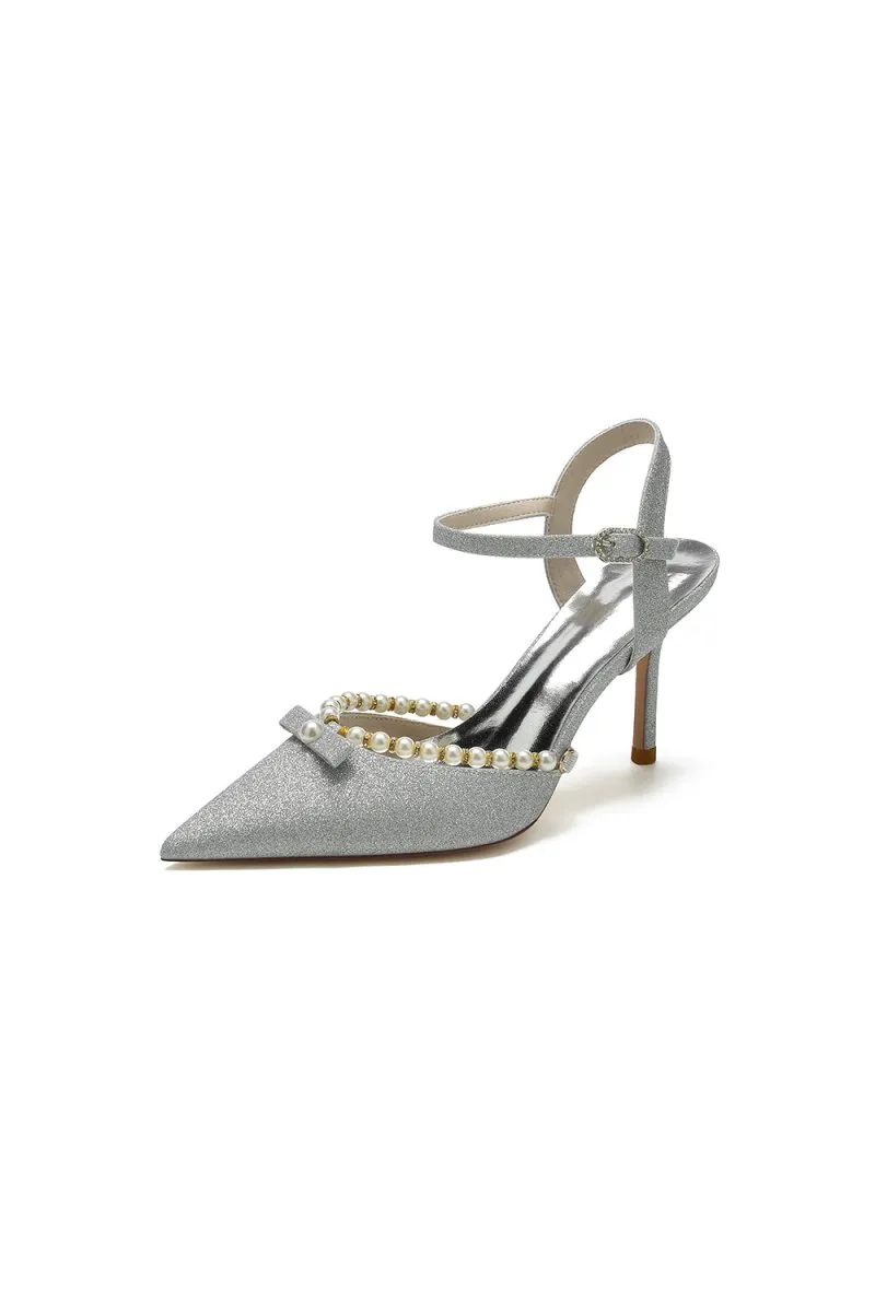 Pointed Toe Pearl Glitter Wedding Shoes With Bow
