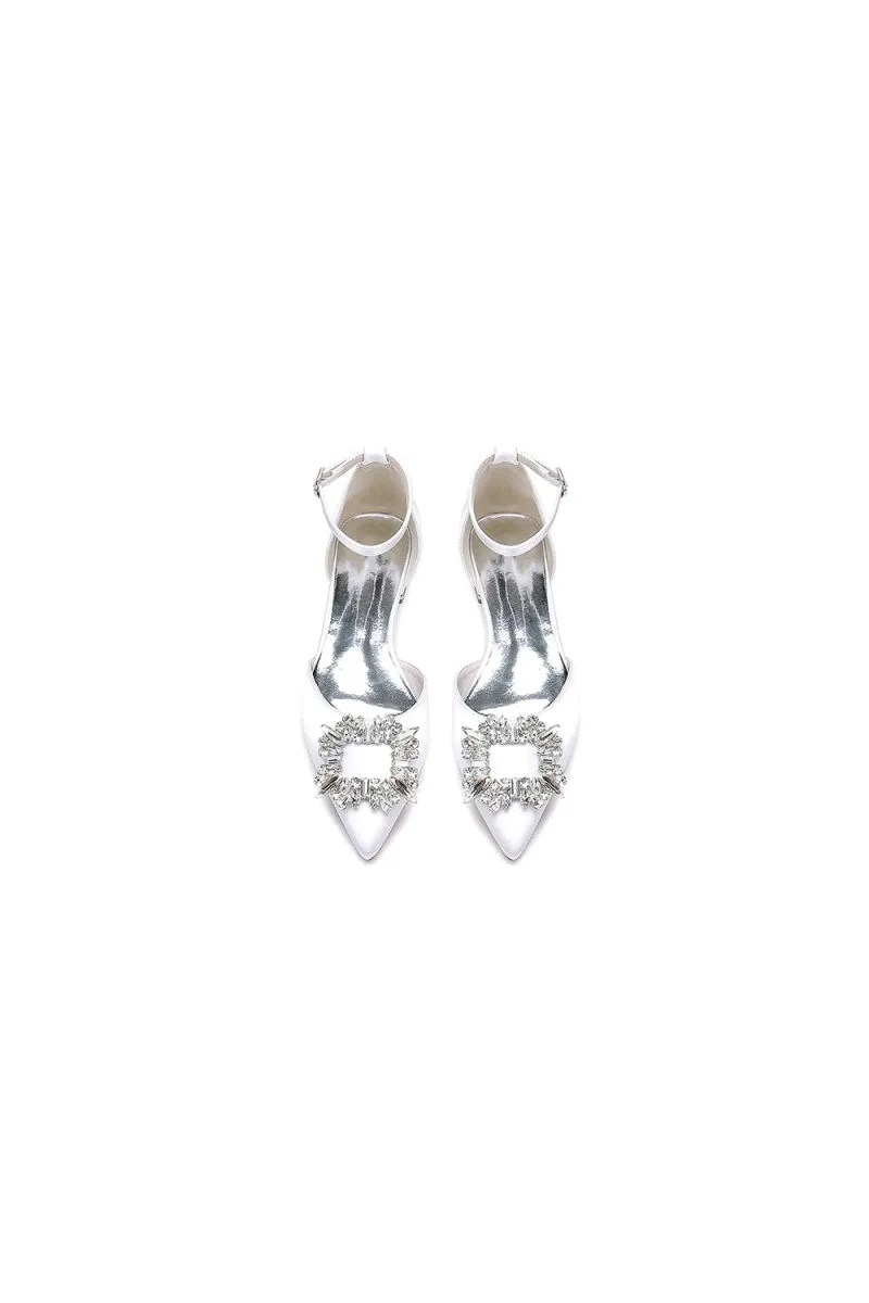 Rhinestone Pointed Toe Ankle Strap Satin Kitten Heels