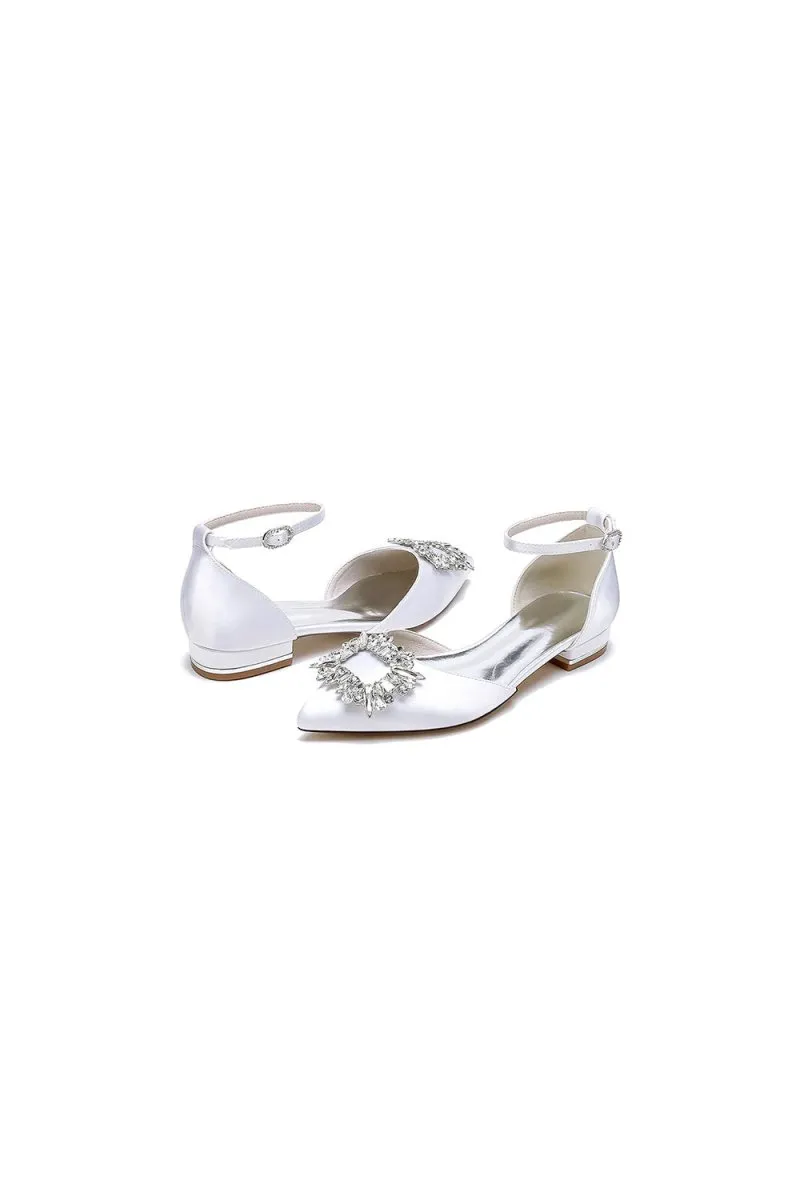 Rhinestone Pointed Toe Ankle Strap Satin Kitten Heels