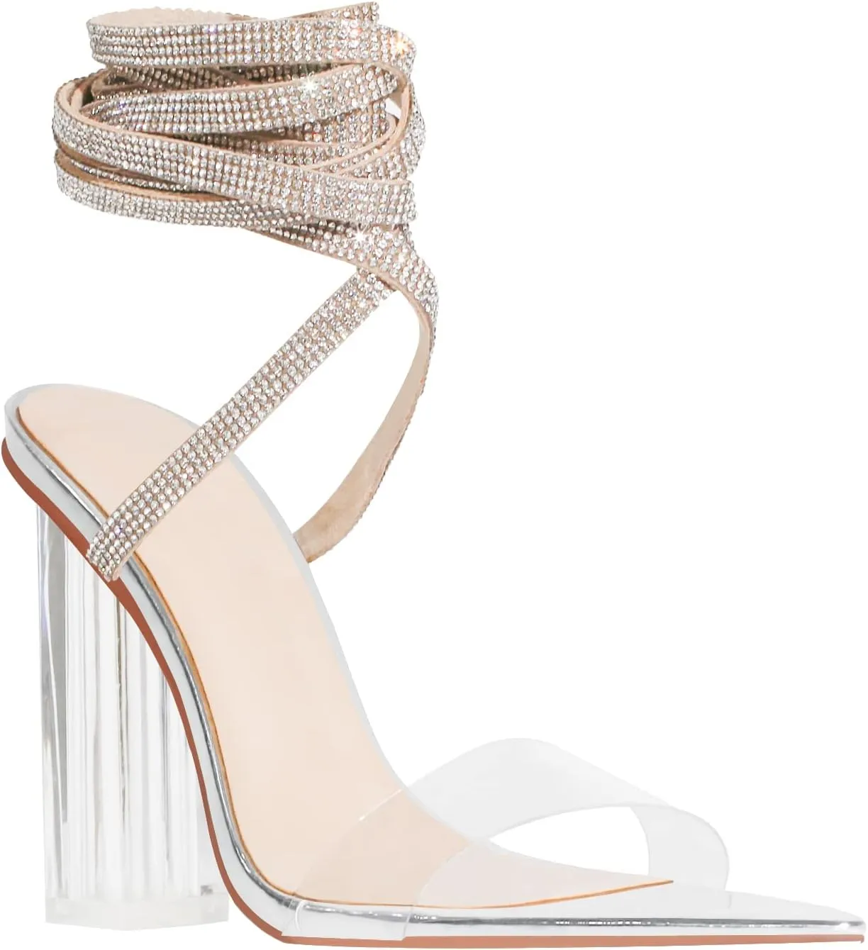 Richealnana Women's Clear Block Heel Lace Up Rhinestones Dress Sandals
