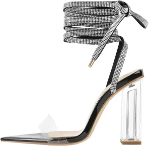 Richealnana Women's Clear Block Heel Lace Up Rhinestones Dress Sandals