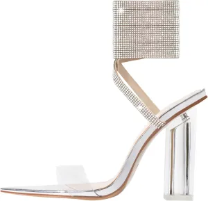Richealnana Women's Clear Block Heel Lace Up Rhinestones Dress Sandals