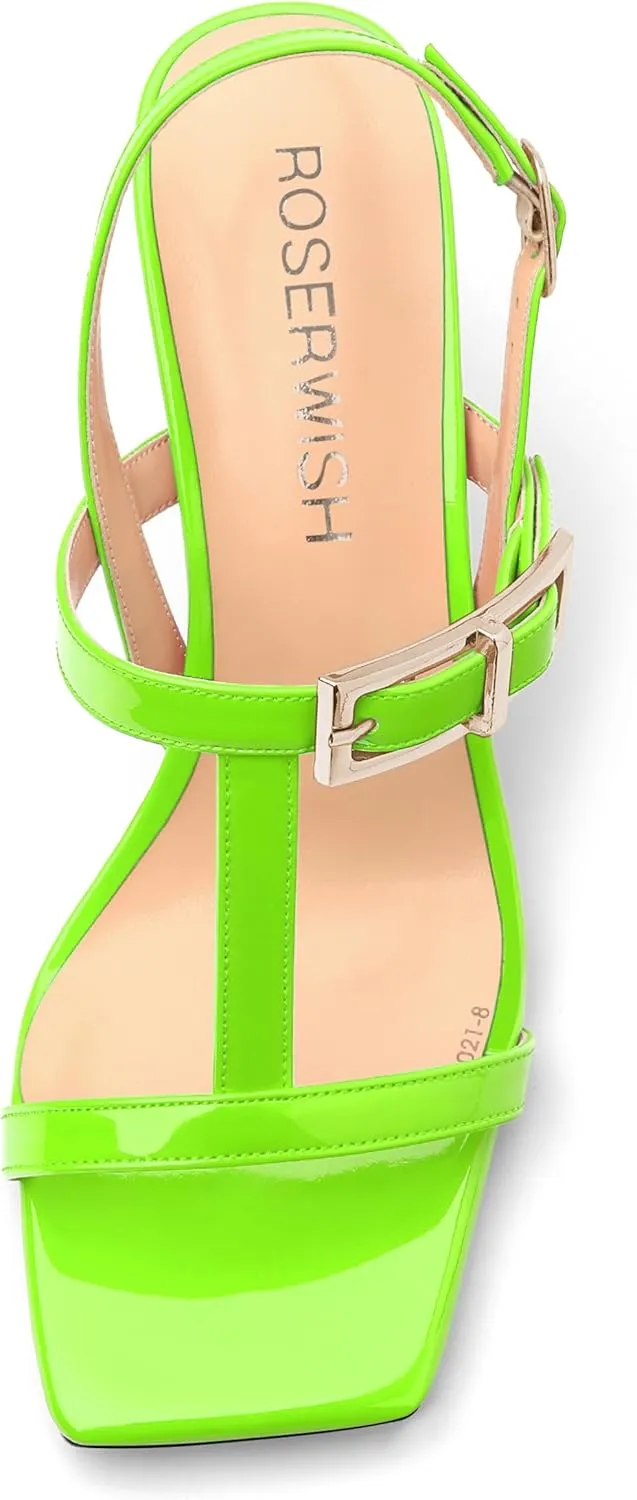 ROSERWISH Women's Low kitten heel Strappy Sandals Open Square Toe Slingback Patent Heels 2 Inch Fashion Comfort Dress Shoes