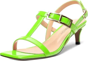 ROSERWISH Women's Low kitten heel Strappy Sandals Open Square Toe Slingback Patent Heels 2 Inch Fashion Comfort Dress Shoes