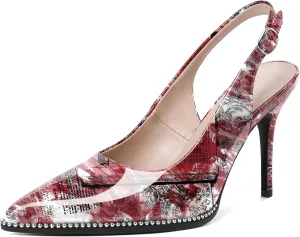 SAMMITOP Women Slingback Heels Stilettos Closed Pointed Toe High Heel Silver Beaded Pumps Comfortable 3.5 Inch High Heels for Women Dressy Shoes