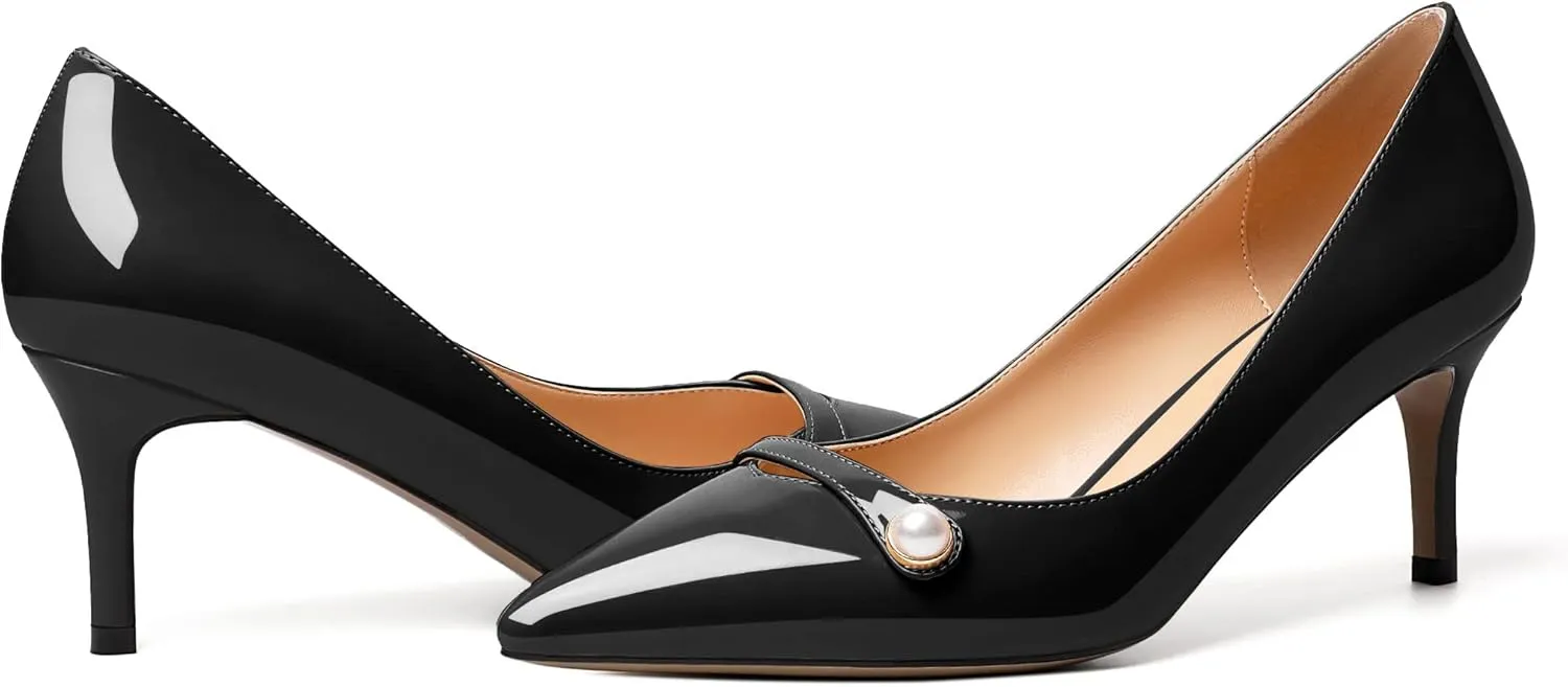 SAMMITOP Women's Pointed Toe Mid Heels for Women Sexy Slip on Pumps Strap Closed Toe Heel with Pearl Wedding Party Dress Shoes
