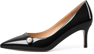 SAMMITOP Women's Pointed Toe Mid Heels for Women Sexy Slip on Pumps Strap Closed Toe Heel with Pearl Wedding Party Dress Shoes