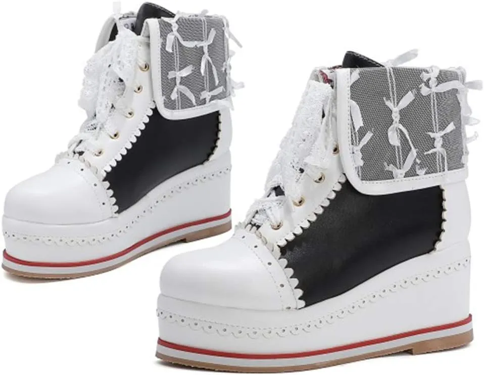 SaraIris Women's Cute Platform Boots, Lace-up Cosplay Brogue Sneakers Wedges Ankle Boots