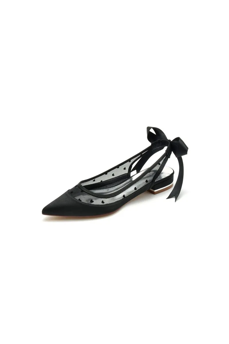 Satin Pointed Toe Mesh Low Heels With Bow