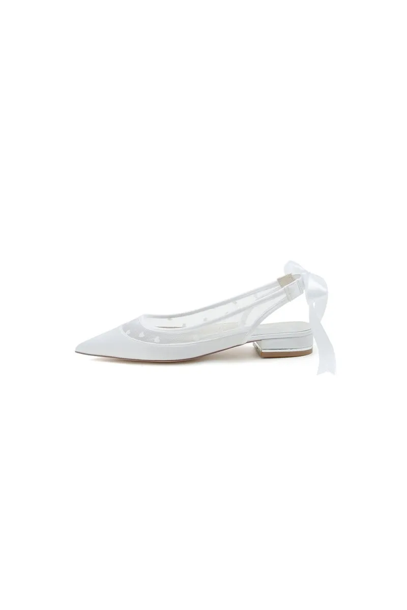 Satin Pointed Toe Mesh Low Heels With Bow