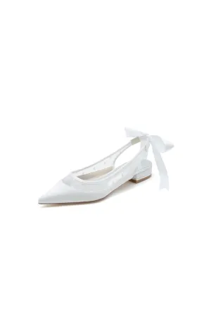 Satin Pointed Toe Mesh Low Heels With Bow