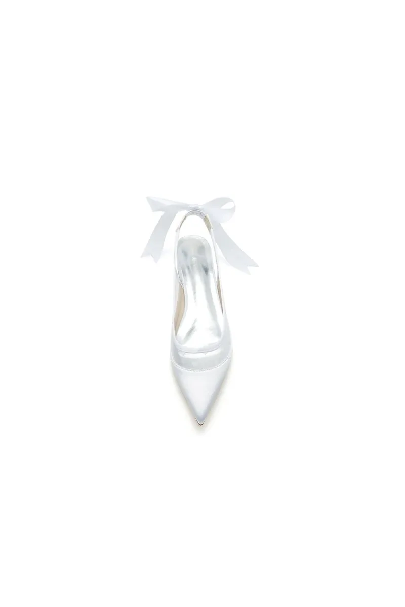 Satin Pointed Toe Mesh Low Heels With Bow