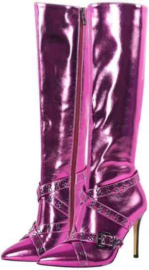sexytag Women's Metallic Knee High Boots Stiletto Heel Pointed Toe Buckle Strap Fashion Boots
