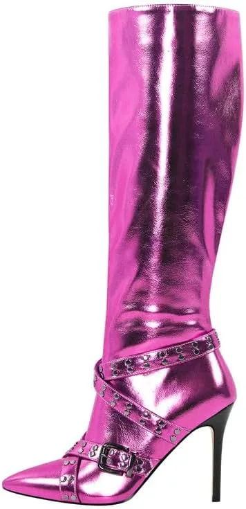 sexytag Women's Metallic Knee High Boots Stiletto Heel Pointed Toe Buckle Strap Fashion Boots