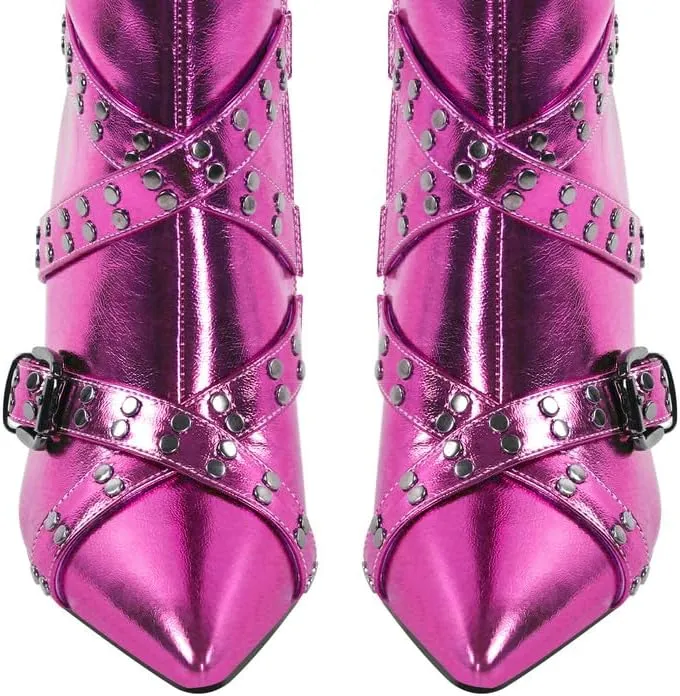sexytag Women's Metallic Knee High Boots Stiletto Heel Pointed Toe Buckle Strap Fashion Boots