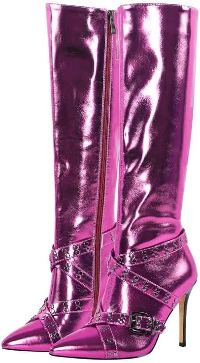 sexytag Women's Metallic Knee High Boots Stiletto Heel Pointed Toe Buckle Strap Fashion Boots