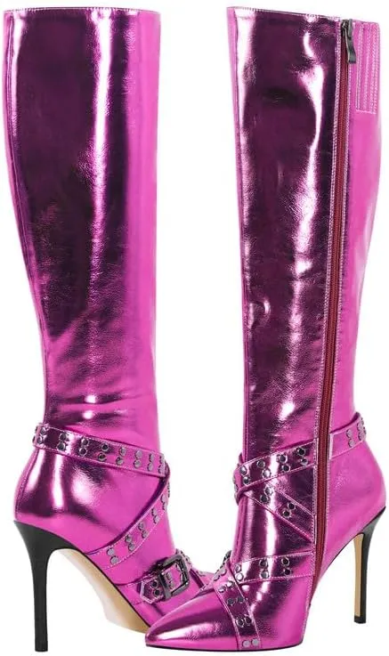 sexytag Women's Metallic Knee High Boots Stiletto Heel Pointed Toe Buckle Strap Fashion Boots