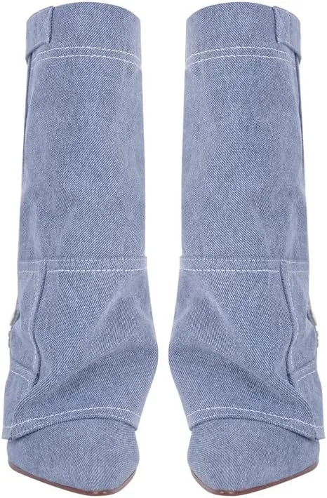sexytag Women's Wedge Heel Fold Over Boots Pointed Toe Western Cowboy Pull-On Ankle Short Boots