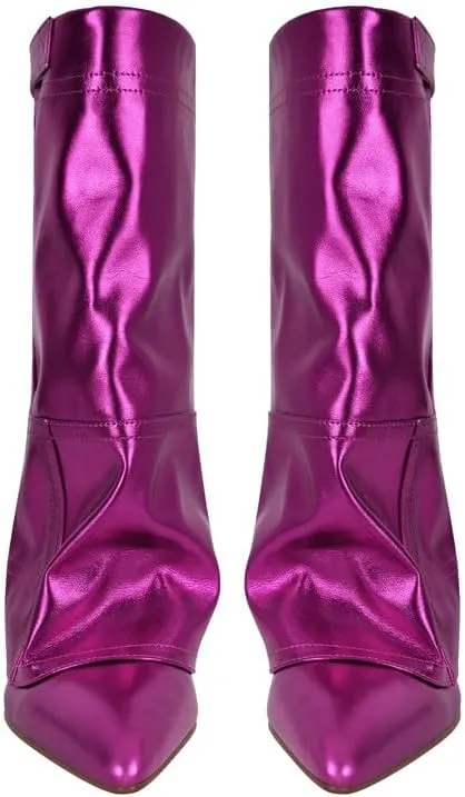 sexytag Women's Wedge Heel Fold Over Boots Pointed Toe Western Cowboy Pull-On Ankle Short Boots