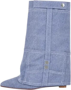 sexytag Women's Wedge Heel Fold Over Boots Pointed Toe Western Cowboy Pull-On Ankle Short Boots