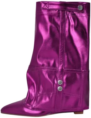 sexytag Women's Wedge Heel Fold Over Boots Pointed Toe Western Cowboy Pull-On Ankle Short Boots