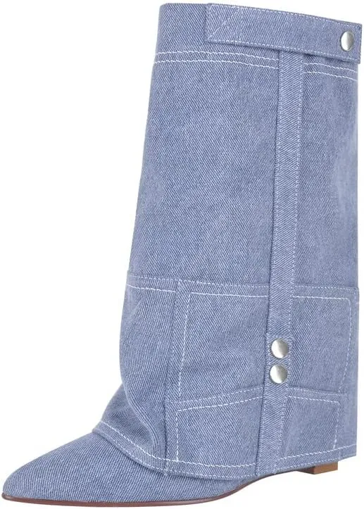 sexytag Women's Wedge Heel Fold Over Boots Pointed Toe Western Cowboy Pull-On Ankle Short Boots