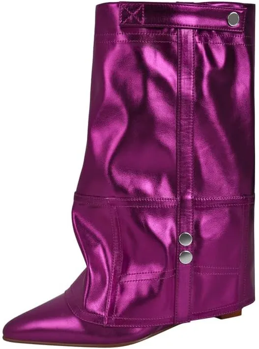 sexytag Women's Wedge Heel Fold Over Boots Pointed Toe Western Cowboy Pull-On Ankle Short Boots