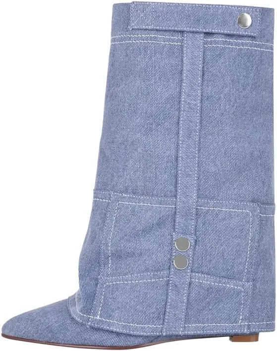 sexytag Women's Wedge Heel Fold Over Boots Pointed Toe Western Cowboy Pull-On Ankle Short Boots