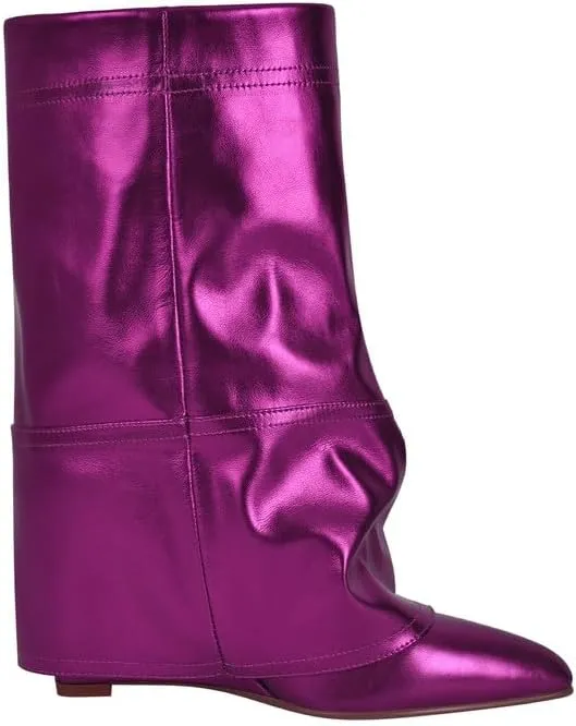 sexytag Women's Wedge Heel Fold Over Boots Pointed Toe Western Cowboy Pull-On Ankle Short Boots