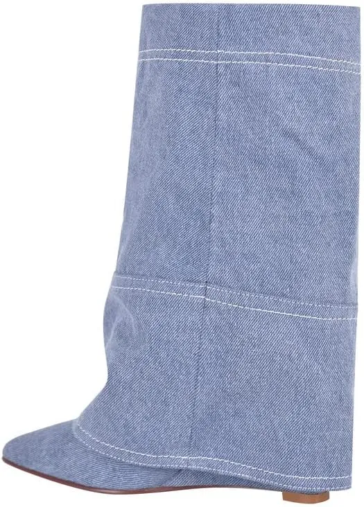 sexytag Women's Wedge Heel Fold Over Boots Pointed Toe Western Cowboy Pull-On Ankle Short Boots