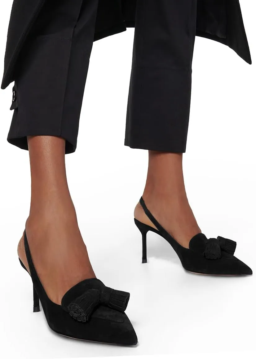 SHODENSE Women Kitten Heel Slingback Pumps Pointed Toe Suede Elastic Ankle Strap Sandals Fringe Closed Pointy Toe High Heels Stiletto Pumps Tassel Backless Dress Shoes Office Ladies Elegant 4-11 M US