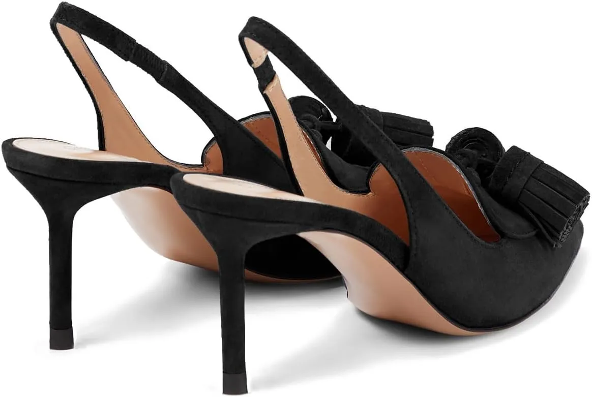 SHODENSE Women Kitten Heel Slingback Pumps Pointed Toe Suede Elastic Ankle Strap Sandals Fringe Closed Pointy Toe High Heels Stiletto Pumps Tassel Backless Dress Shoes Office Ladies Elegant 4-11 M US