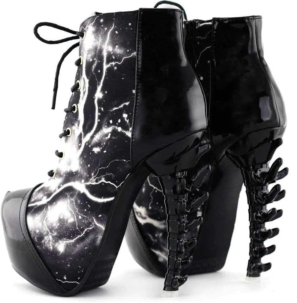 SHOW STORY Thunder Lightning Print Lace-Up High-top Bone Heel Ankle Boot,LF80621