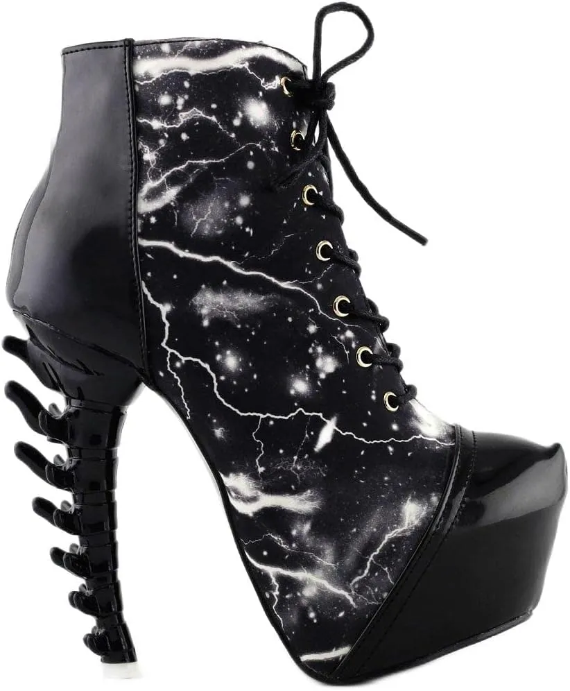 SHOW STORY Thunder Lightning Print Lace-Up High-top Bone Heel Ankle Boot,LF80621