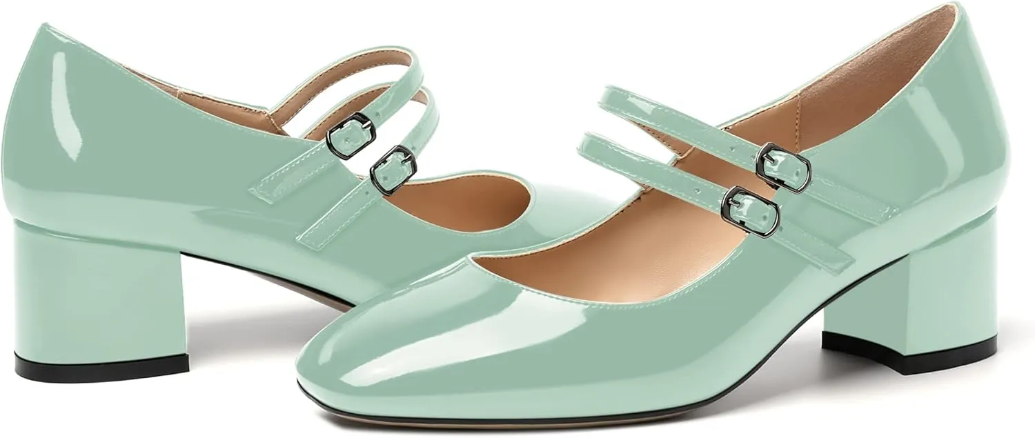 SHOWFOREST Women's Dating Buckle Cute Square Toe Solid Patent Block Low Heel Pumps Shoes 2 Inch