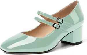 SHOWFOREST Women's Dating Buckle Cute Square Toe Solid Patent Block Low Heel Pumps Shoes 2 Inch