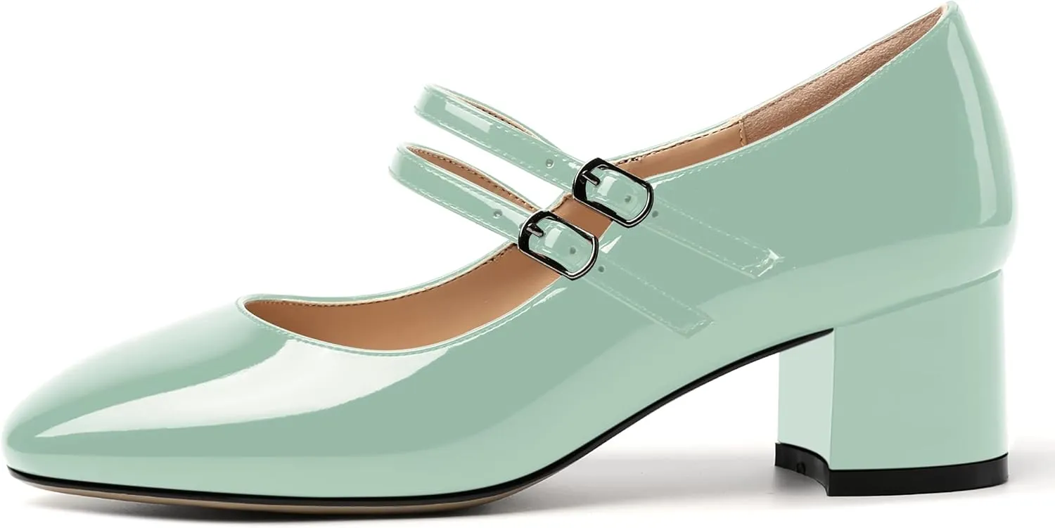 SHOWFOREST Women's Dating Buckle Cute Square Toe Solid Patent Block Low Heel Pumps Shoes 2 Inch