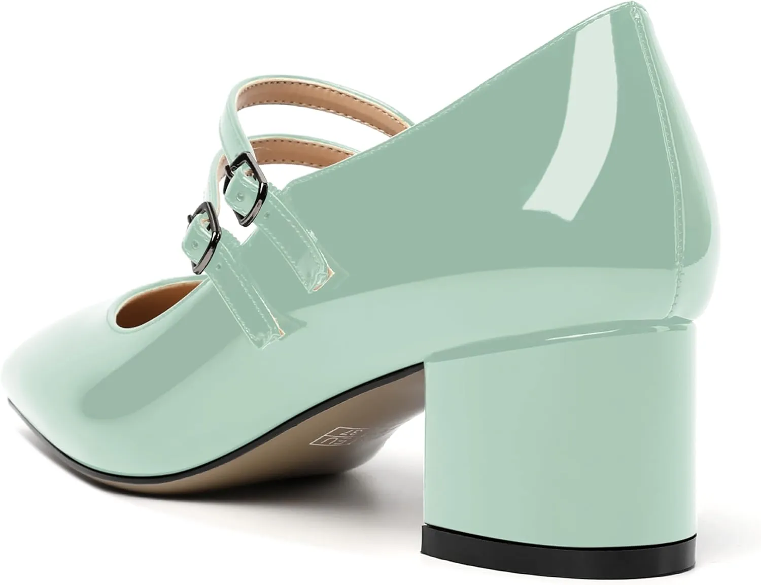 SHOWFOREST Women's Dating Buckle Cute Square Toe Solid Patent Block Low Heel Pumps Shoes 2 Inch