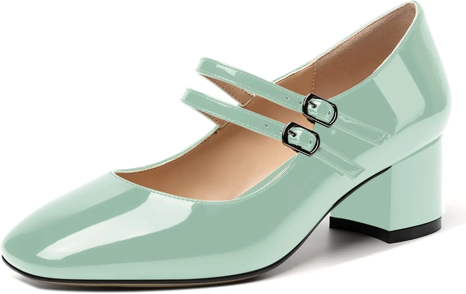 SHOWFOREST Women's Dating Buckle Cute Square Toe Solid Patent Block Low Heel Pumps Shoes 2 Inch